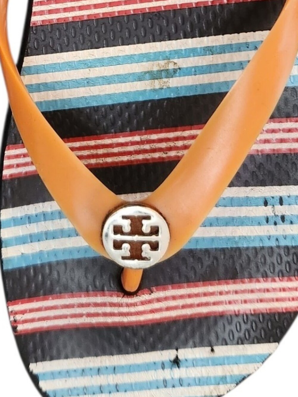 Tory Burch multicolor striped flip-flop sandals with a logo medallion - Picture 3 of 8